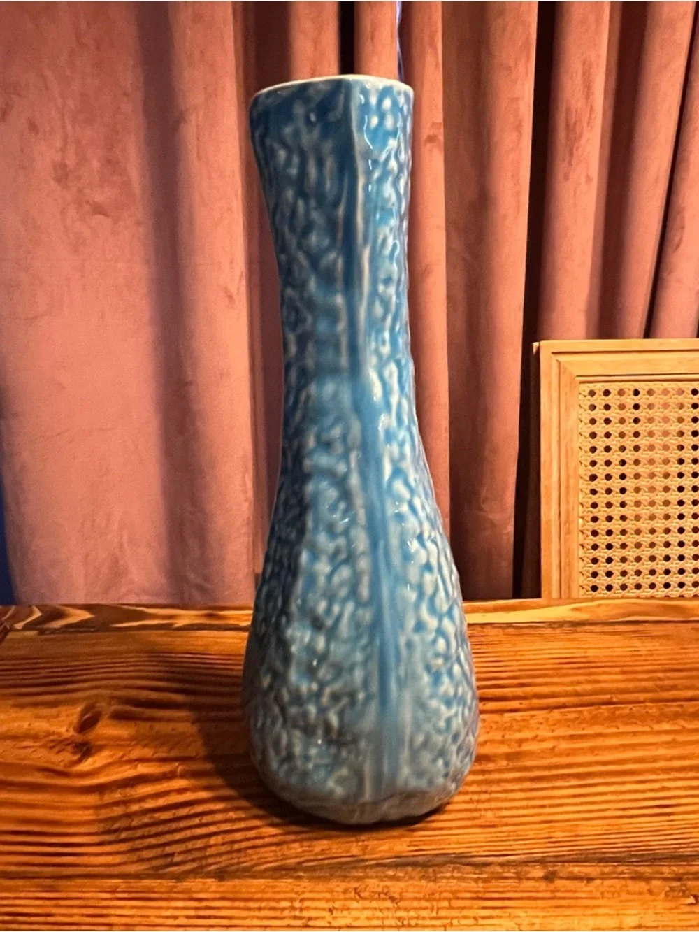 Handmade Studio Art Pottery Vase Blue Drip Glaze Textured Ceramic 14 Inch Tall